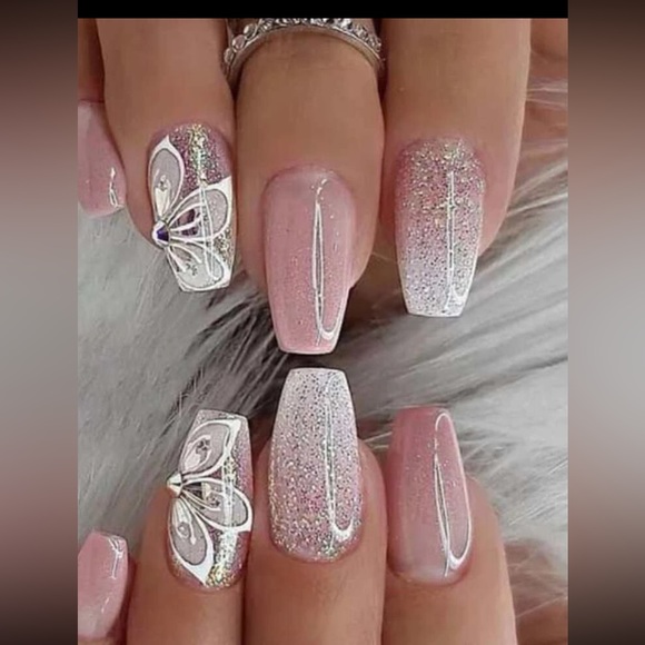 Glamorous Long Coffin floral Pink Ombre Glitter Rhinestone press on nails - Picture 1 of 9